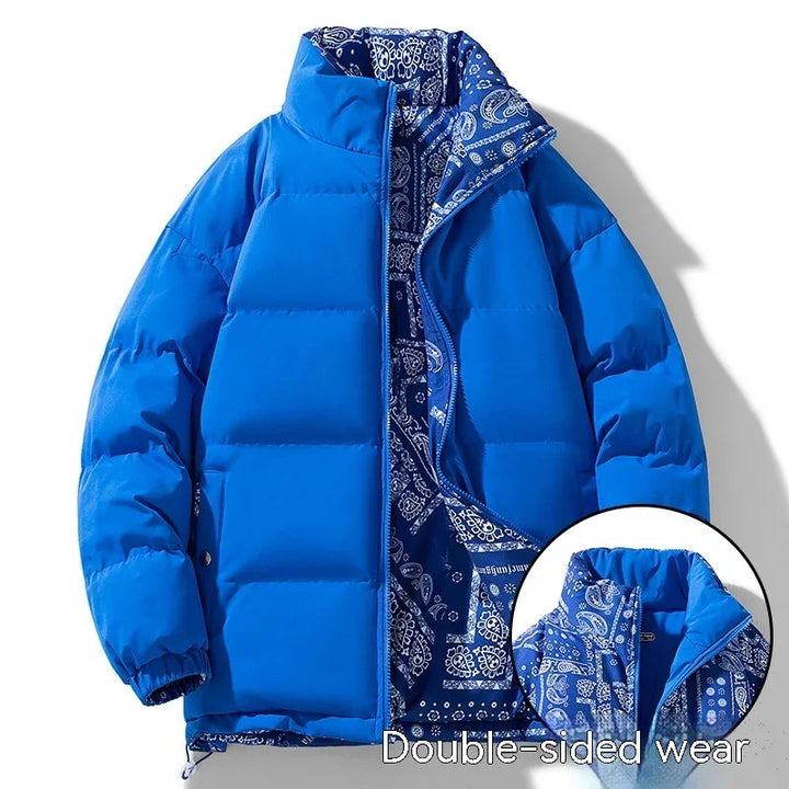 Blue puffer jacket with paisley bandana pattern lining, double-sided wear design