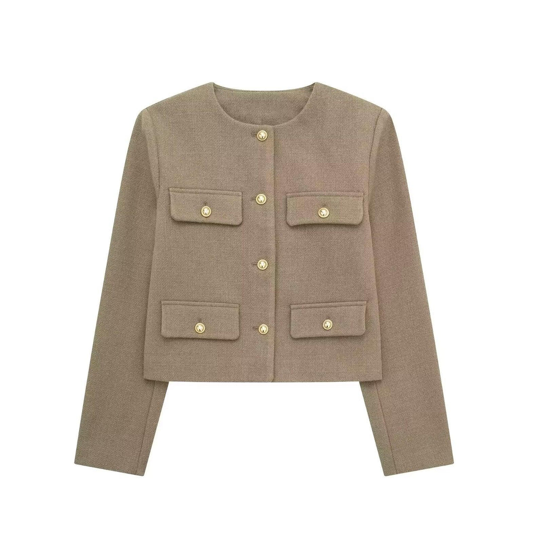 Beige cropped jacket with round neckline, gold buttons, and four front flap pockets