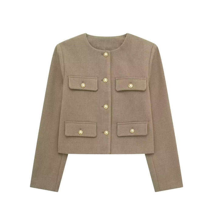Beige cropped jacket with round neckline, gold buttons, and four front flap pockets