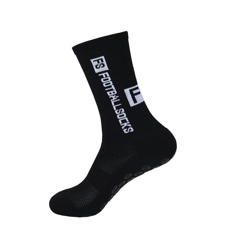 Black sport sock with white 'FATAL SHOES' logo and non-slip sole grips