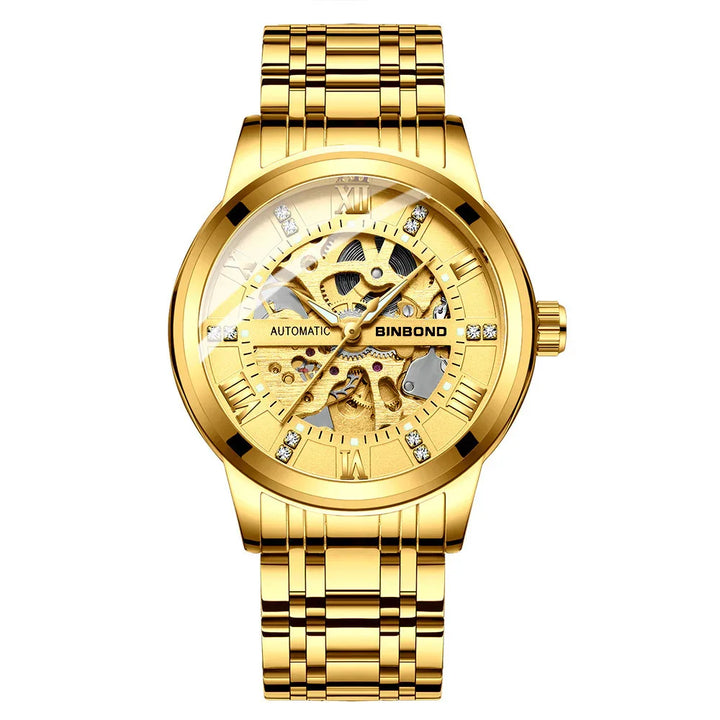 Gold automatic BINBOND men's wristwatch with visible gears and diamond hour markers