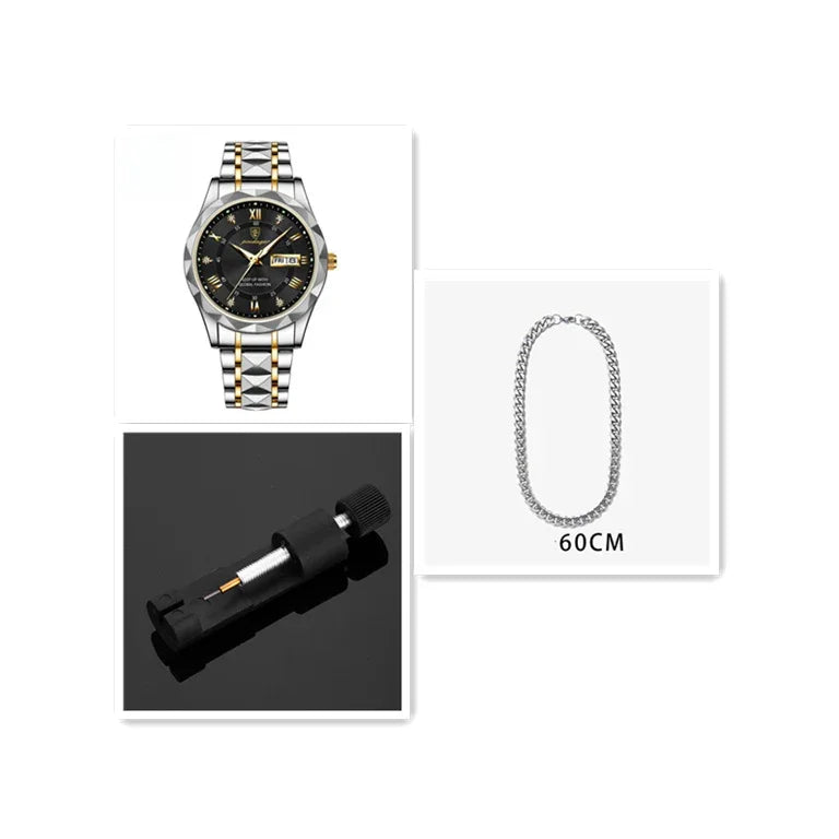 Two-tone men's wristwatch with black dial, 60cm silver chain necklace, and black tool on black surface