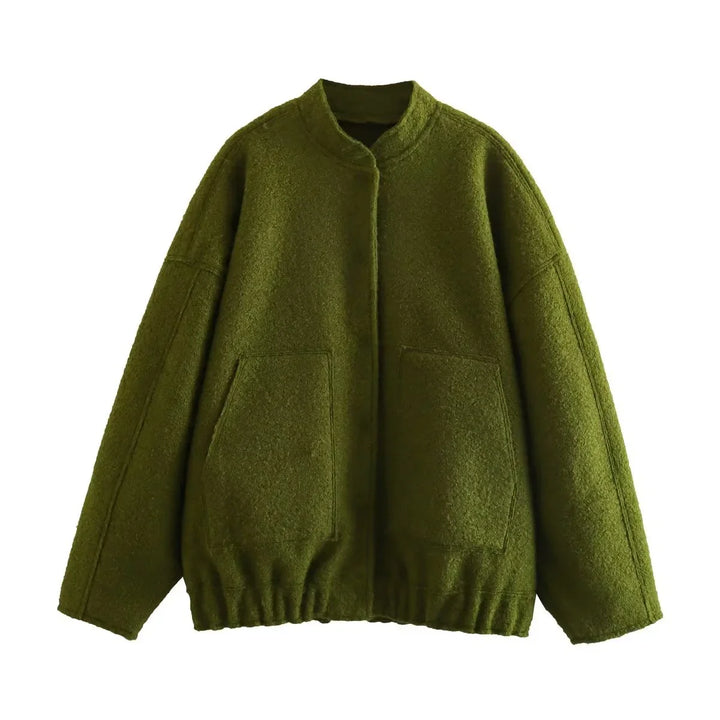 Olive green woolen casual jacket with stand collar and front pockets