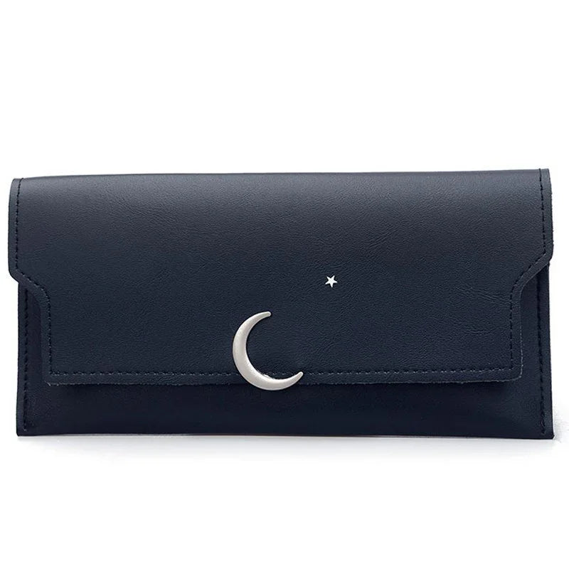 Black leather wallet with silver crescent moon and small star metal accents