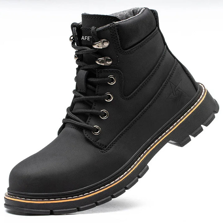 Black lace-up work boot with padded collar and rugged sole on white background