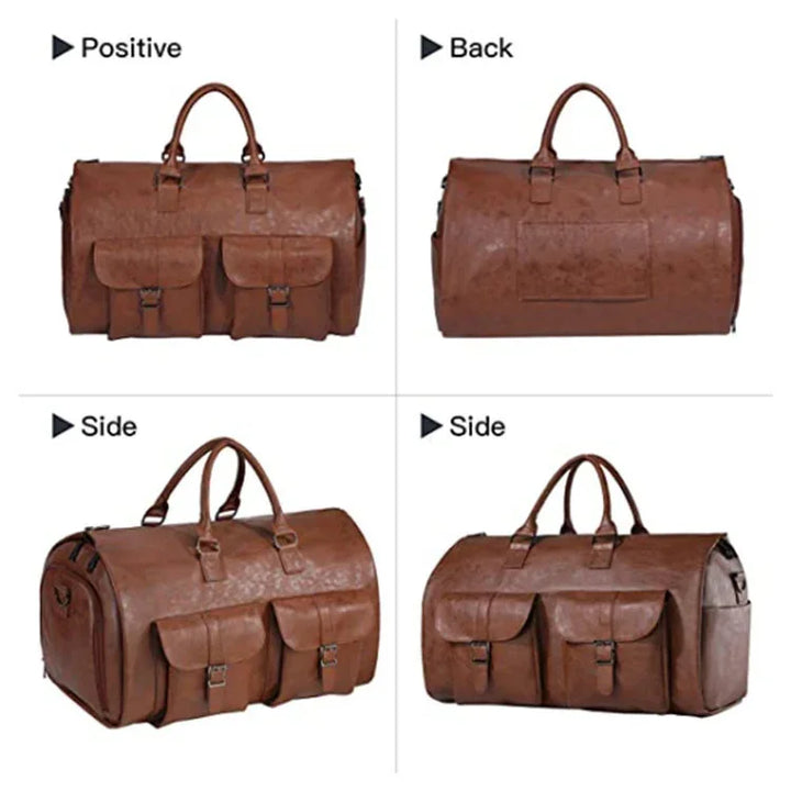Brown leather duffel bag with dual front pockets and top handles shown from positive, back, and side views