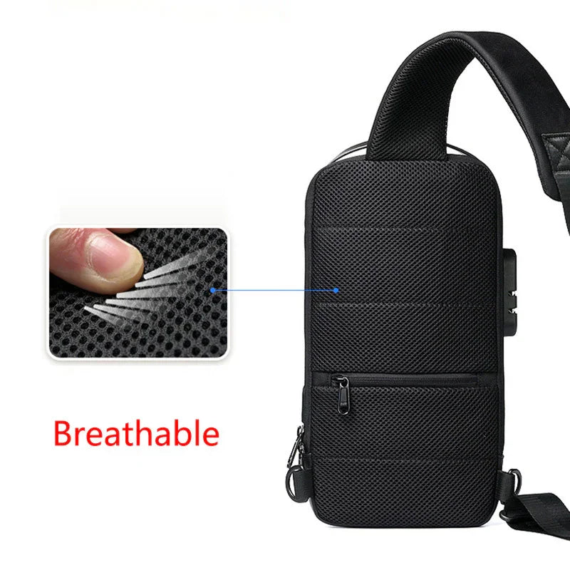 Black breathable mesh sling bag with zipper pocket and adjustable strap, close-up of ventilated fabric