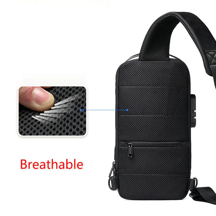 Black breathable mesh sling bag with zipper pocket and adjustable strap, close-up of ventilated fabric