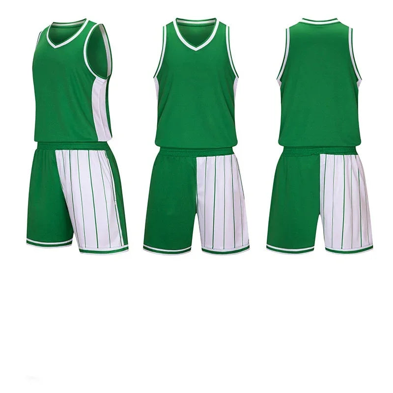 Green and white basketball uniform set with striped shorts, front and back view