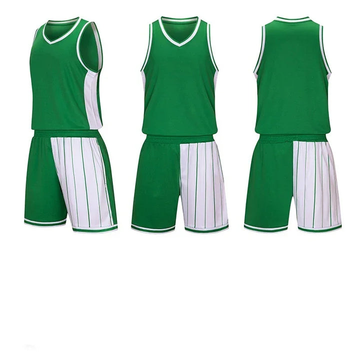 Green and white basketball uniform set with striped shorts, front and back view