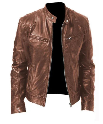 Brown leather biker jacket with zipper pockets and snap button collar
