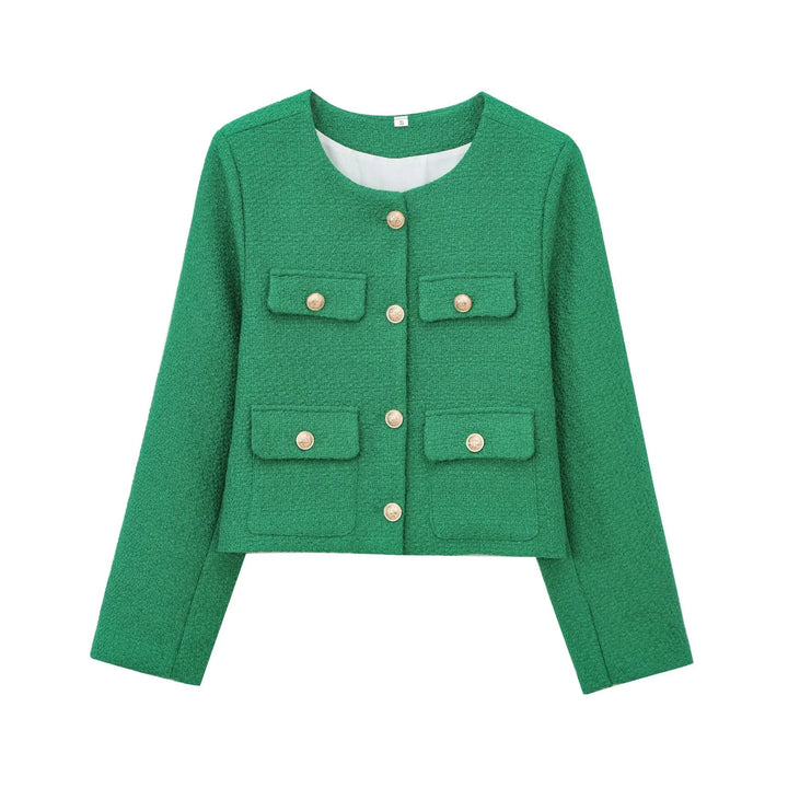 Green textured cropped jacket with gold buttons and four front flap pockets