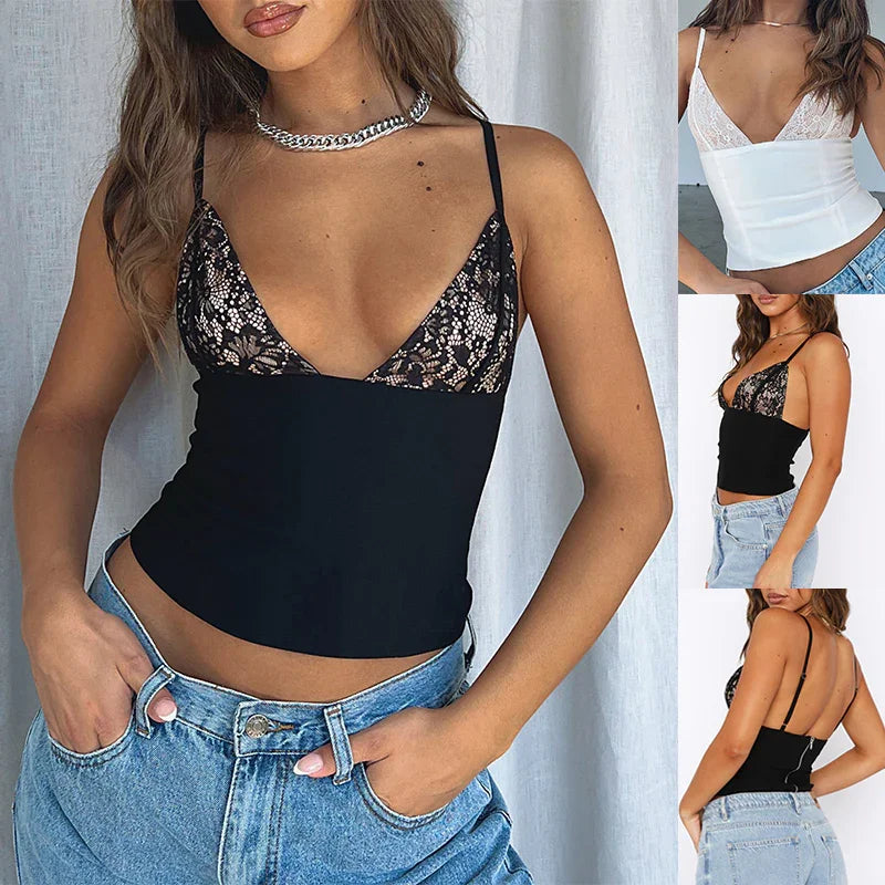 woman wearing black lace deep V-neck cami top paired with light blue jeans and silver chain necklace