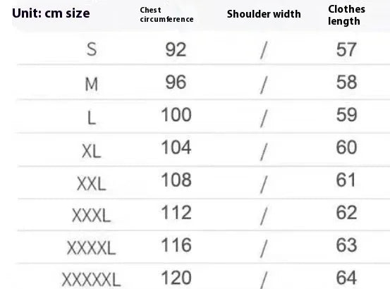Clothing size chart in cm showing chest circumference and clothes length for sizes S to XXXXXL