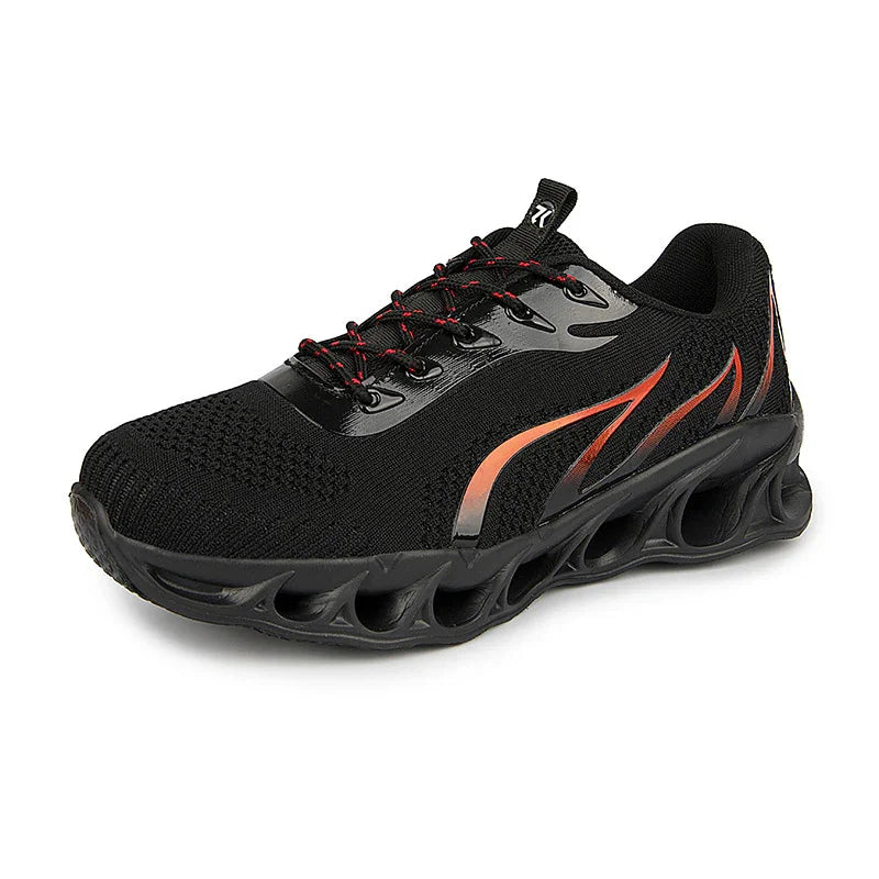 Black athletic sneaker with red flame design and breathable mesh upper, hollow sole for shock absorption