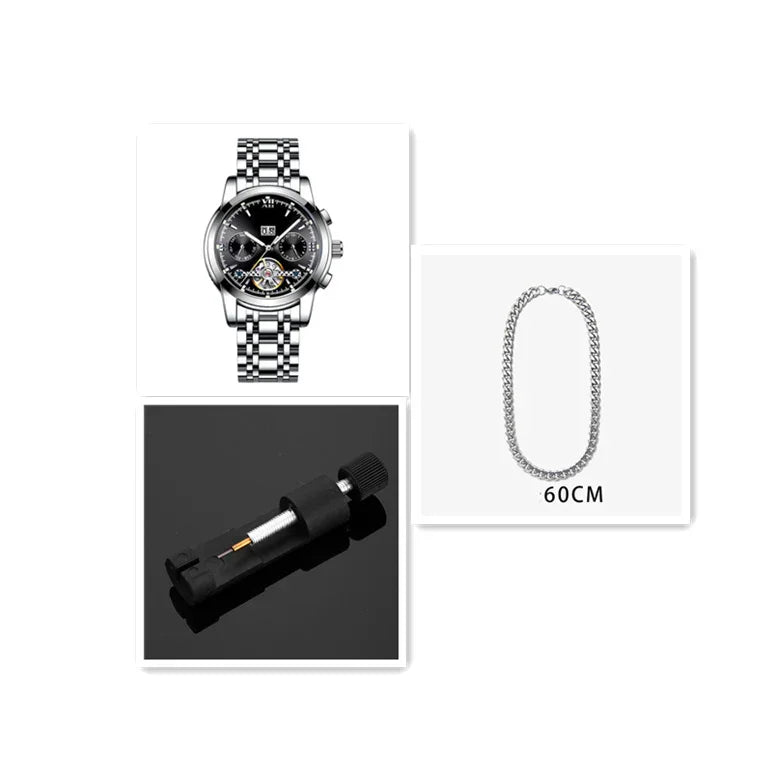 Silver wristwatch with black dial, 60cm silver chain necklace, and black watch repair tool on black surface