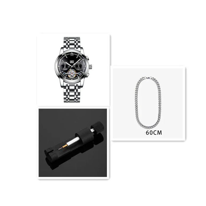 Silver wristwatch with black dial, 60cm silver chain necklace, and black watch repair tool on black surface