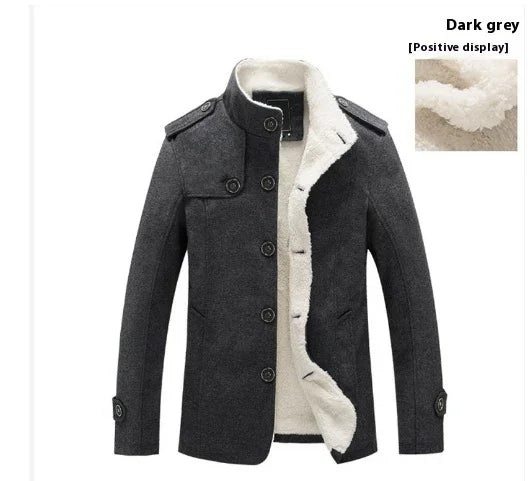 Dark grey men's winter coat with button details and white fleece lining shown open