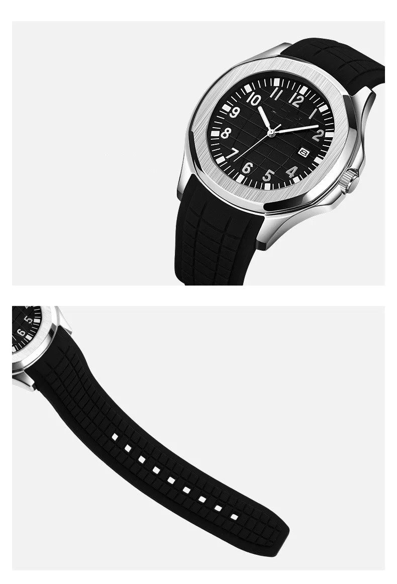 Silver analog wristwatch with black grid-patterned dial and black rubber strap on white background
