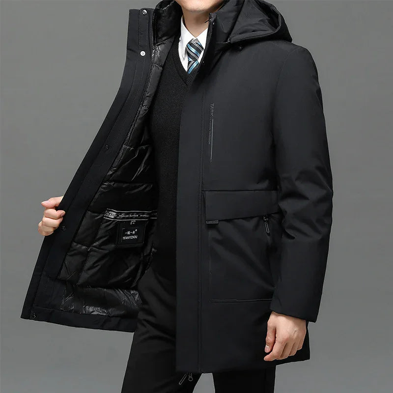 Black men's winter coat with hood, zip and button closure, shown open with quilted lining