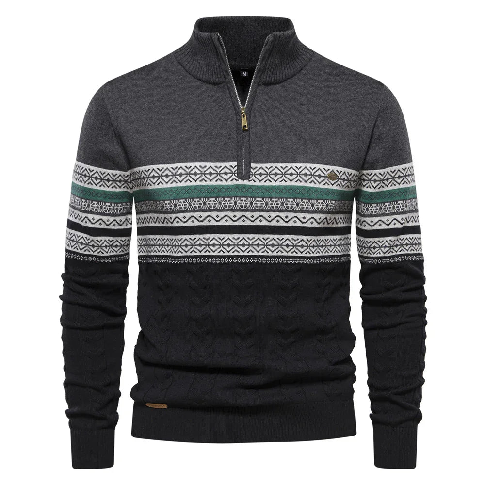 Men's half-zip knitted sweater with gray, black, white, and green fair isle pattern