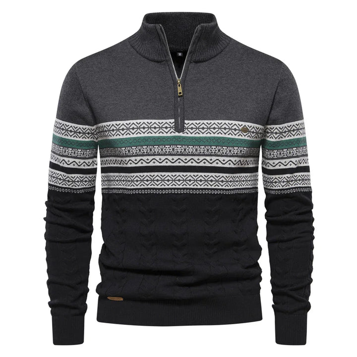 Men's half-zip knitted sweater with gray, black, white, and green fair isle pattern