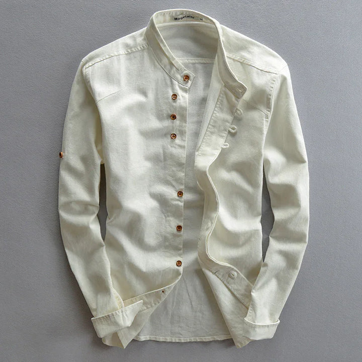 Men's casual cream white cotton shirt with brown buttons and mandarin collar, laid flat
