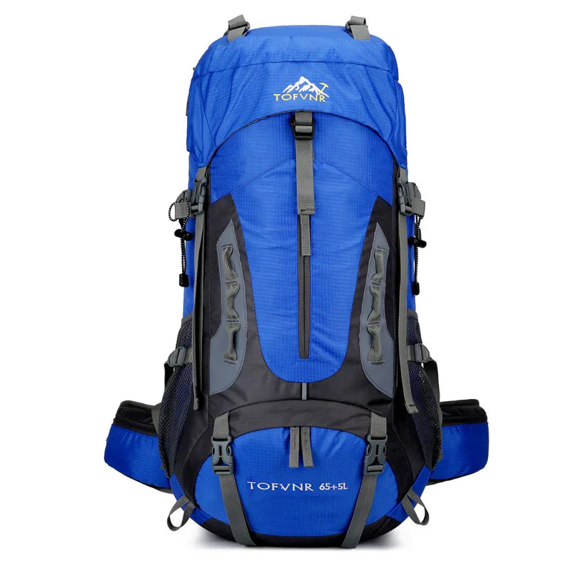 Blue and black TOFVNR 65+5L hiking backpack with multiple straps and side pockets