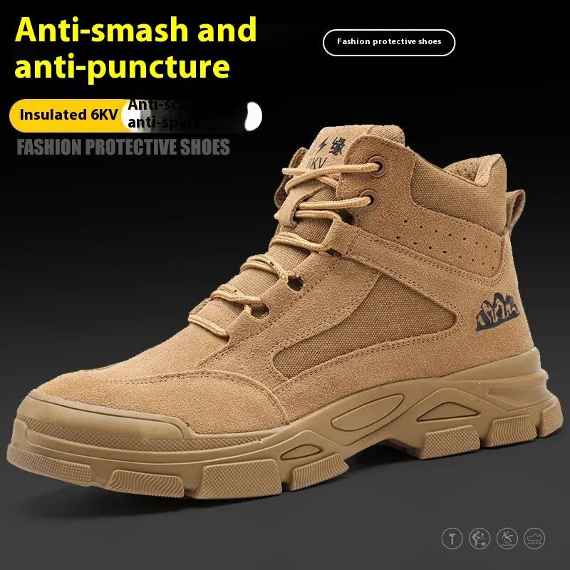 tan fashion protective work shoe with anti-smash, anti-puncture features and insulated 6KV soles