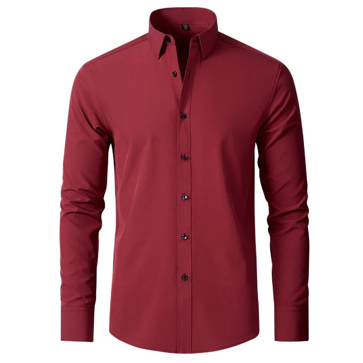 Men's long sleeve slim fit dress shirt in dark red with button front and pointed collar