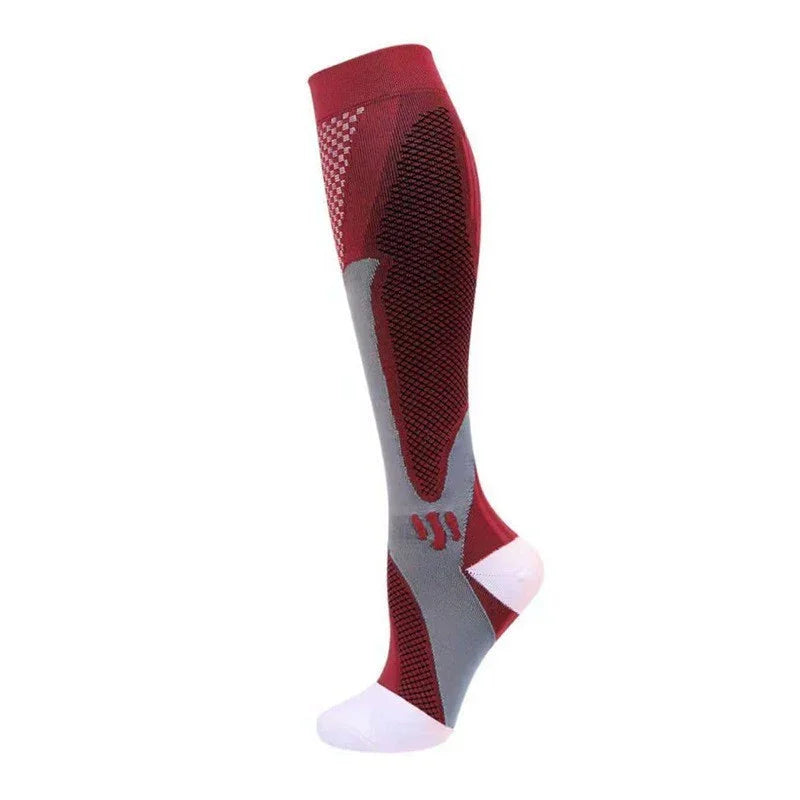 Red and gray knee-high compression sock with textured design and white toe and heel