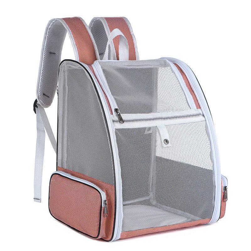 Rose gold and white breathable mesh pet carrier backpack with zippered pockets and padded straps