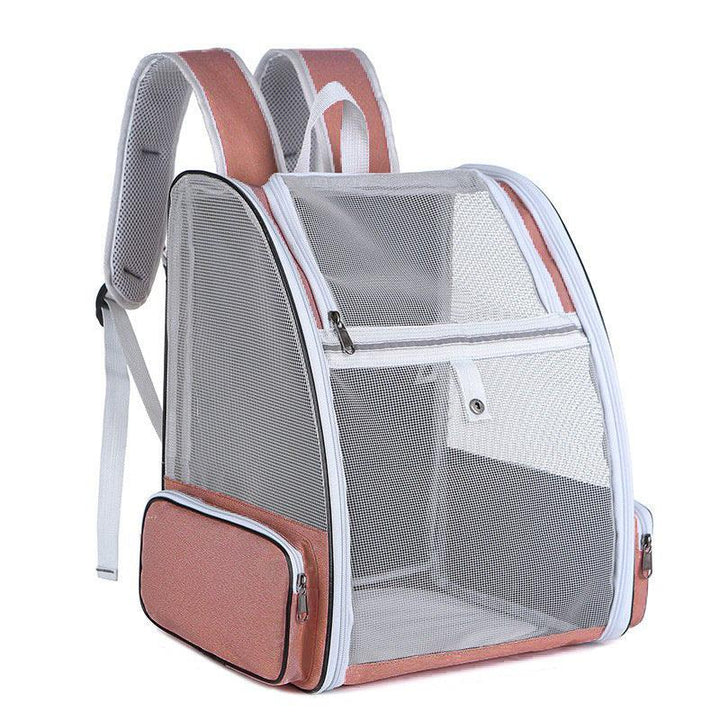 Rose gold and white breathable mesh pet carrier backpack with zippered pockets and padded straps
