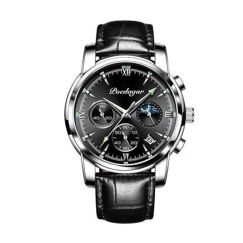 Poedagar men's black dial wristwatch with leather strap, chronograph subdials, and date display
