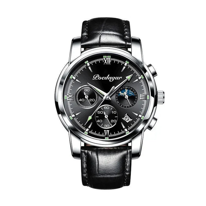 Poedagar men's black dial wristwatch with leather strap, chronograph subdials, and date display