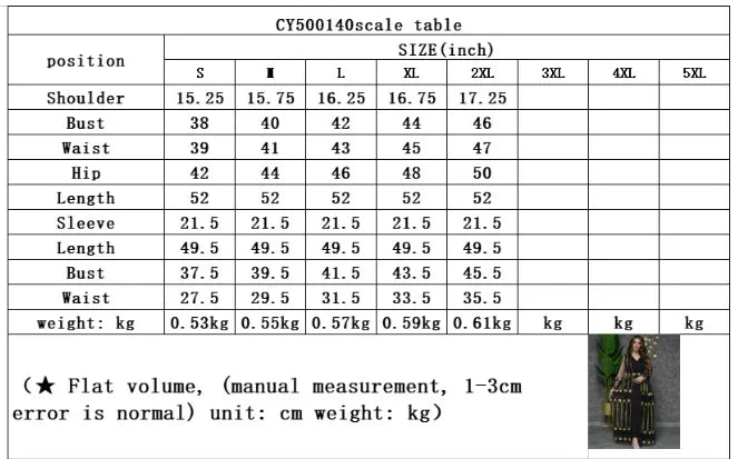 Size chart for women's dress CY500140 with measurements in inches and weight in kg, includes bust, waist, hip, length, sleeve