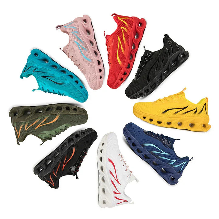 Colorful athletic sneakers in blue, pink, red, black, yellow, green, white, and navy arranged in a circular pattern on white background
