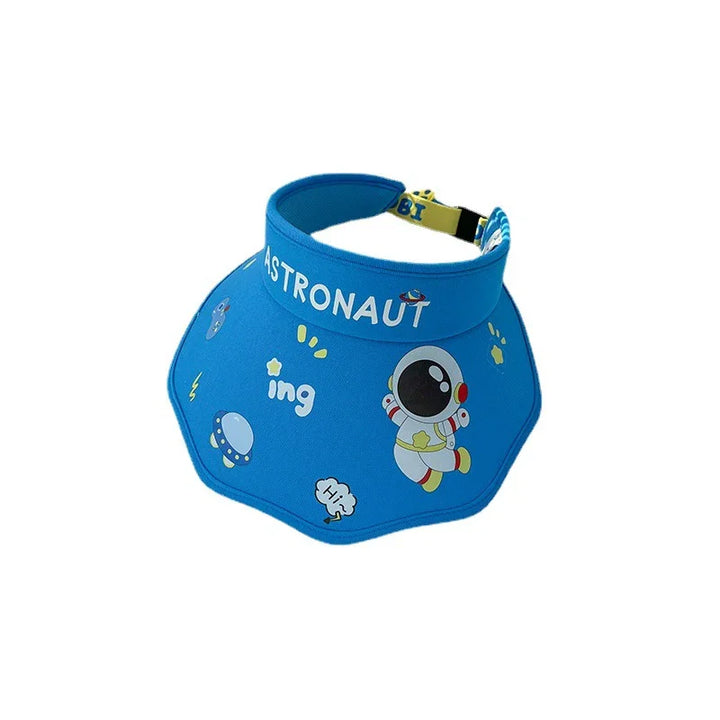 Blue astronaut-themed sun visor with cartoon astronaut, UFO, and space graphics