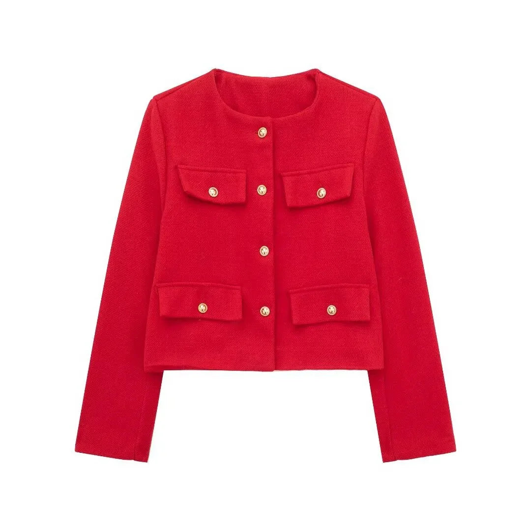 Red women's cropped jacket with gold buttons and four front pockets on white background