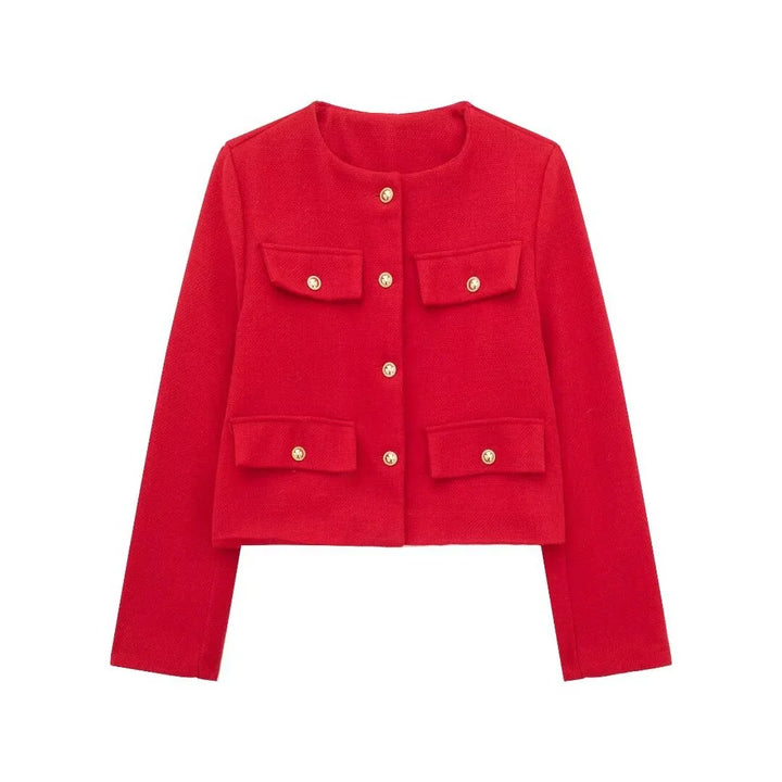 Red women's cropped jacket with gold buttons and four front pockets on white background