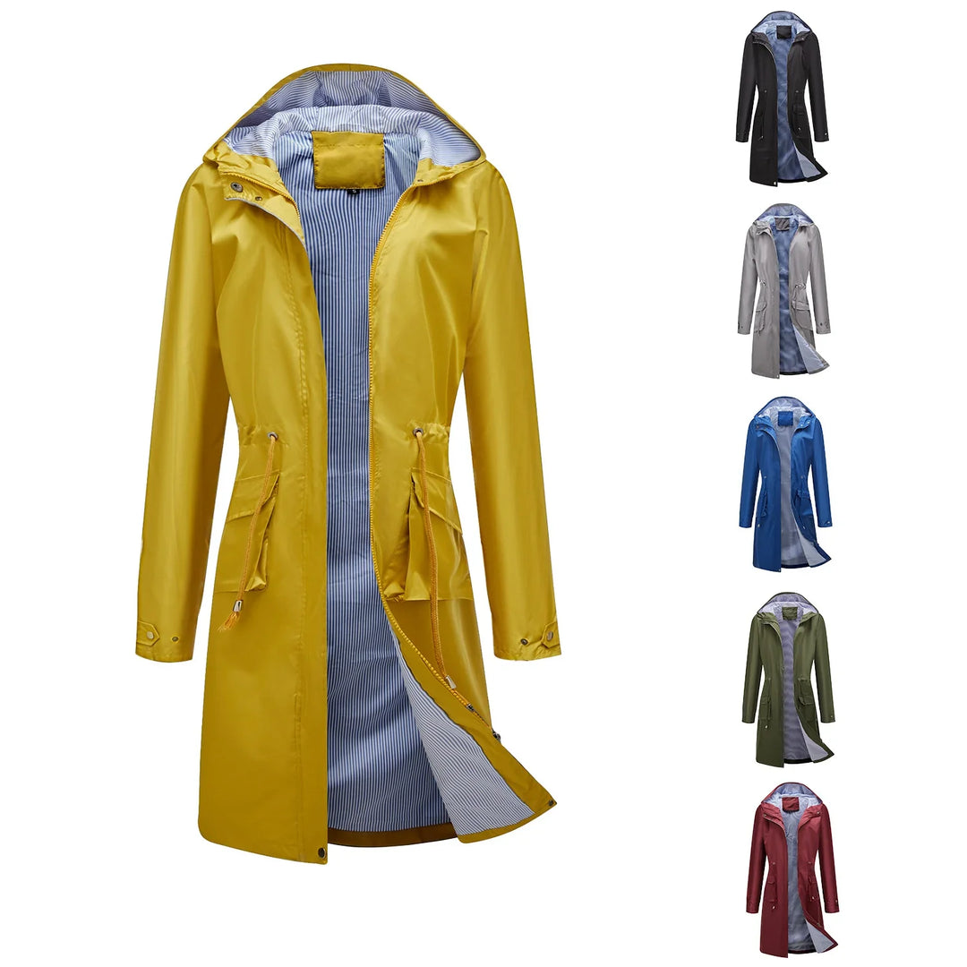 Yellow waterproof raincoat with striped inner lining and drawstring waist, shown with color options