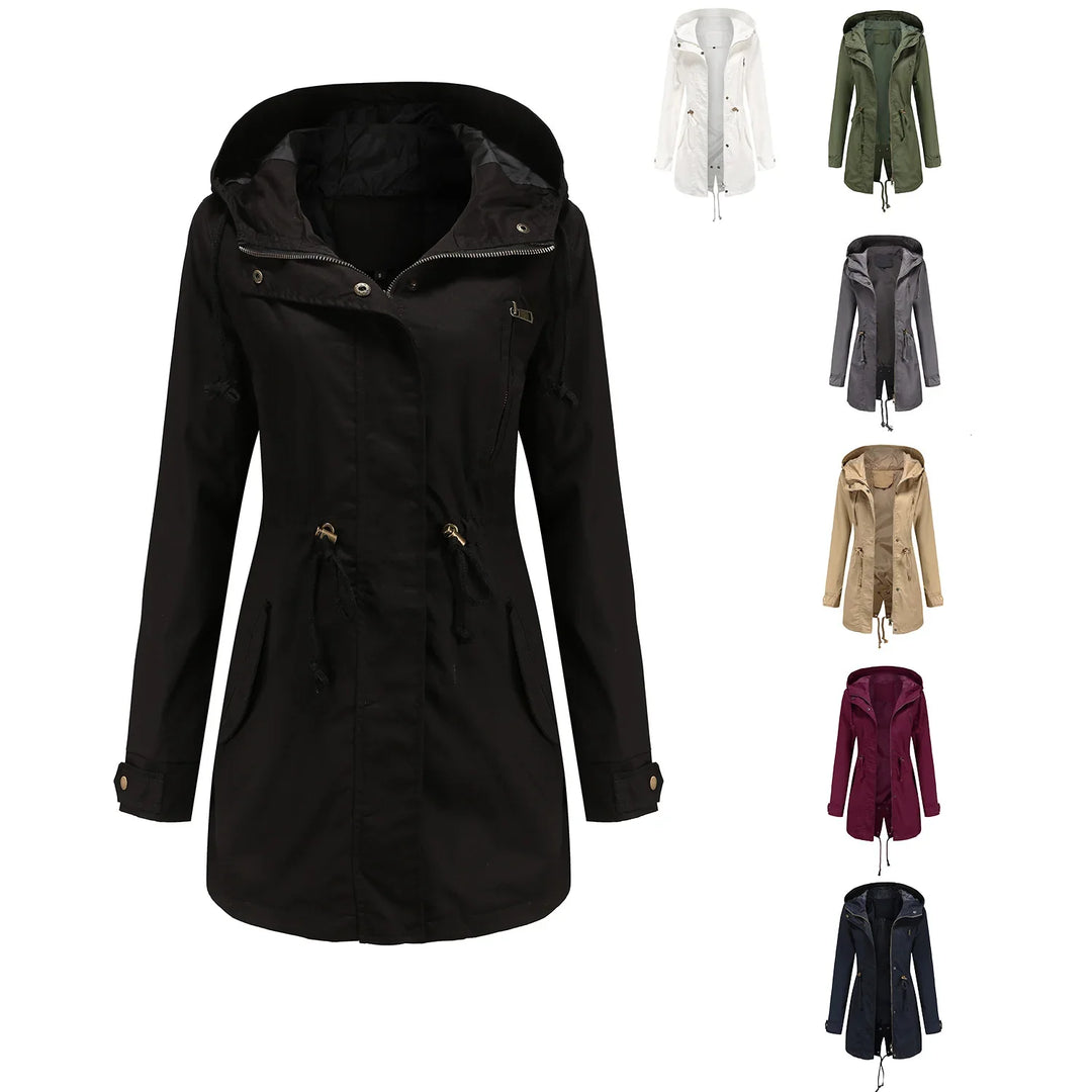 Women's hooded long-sleeve jackets in black, white, green, gray, beige, burgundy, and navy colors