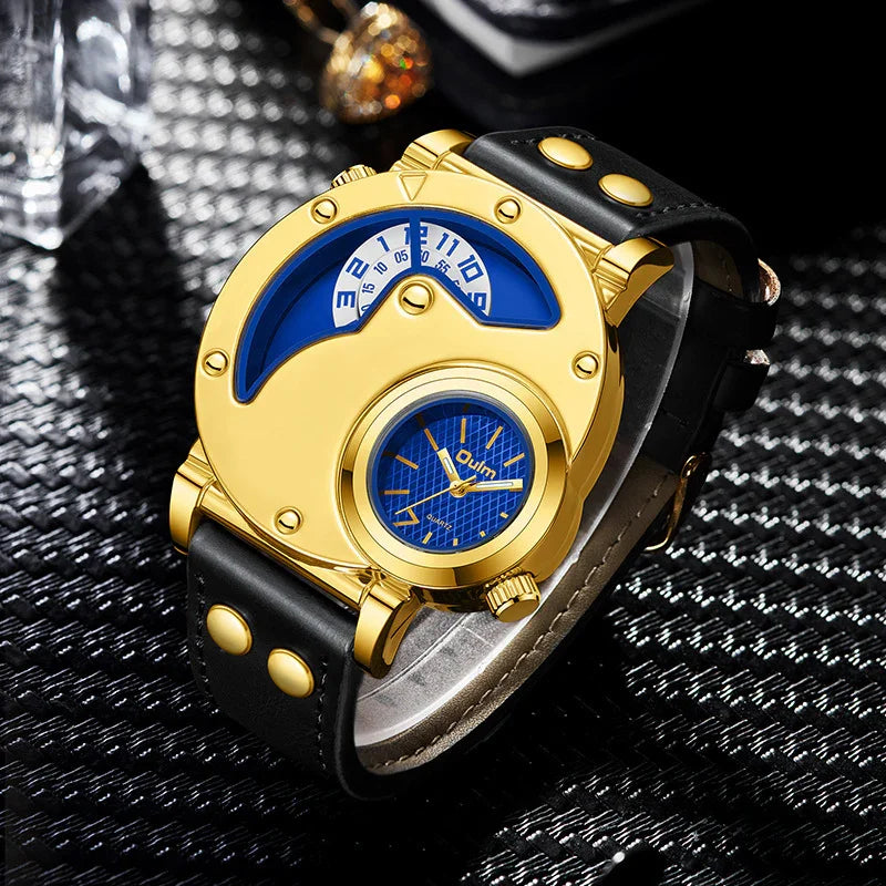 Luxury gold wristwatch with unique dual blue dials and black leather strap on textured surface