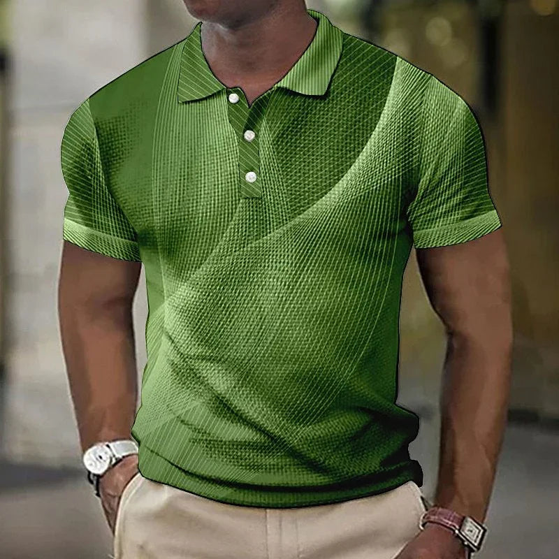 Man wearing a green textured polo shirt with a collar and buttons, paired with beige pants