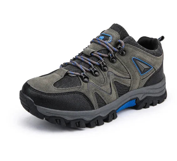 grey and black hiking shoe with blue accents and rugged sole for outdoor activities