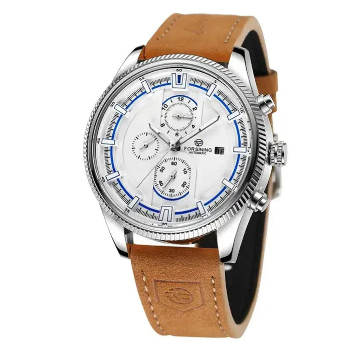 Forsining automatic men's wristwatch with silver case, white dial, blue accents, and brown leather strap
