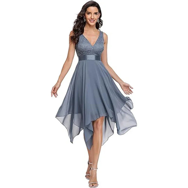 Woman wearing sleeveless blue lace top high-low chiffon evening dress with satin waistband