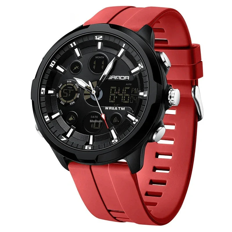Black dial sports watch with digital and analog display, red silicone strap, and silver buttons