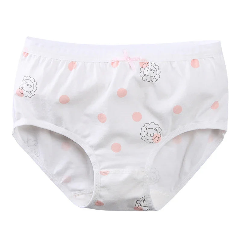 White girls' underwear with pink polka dots and cute lion face prints, small pink bow detail