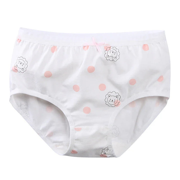 White girls' underwear with pink polka dots and cute lion face prints, small pink bow detail